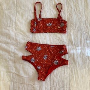 BEACH RIOT red w floral print two-piece swim
